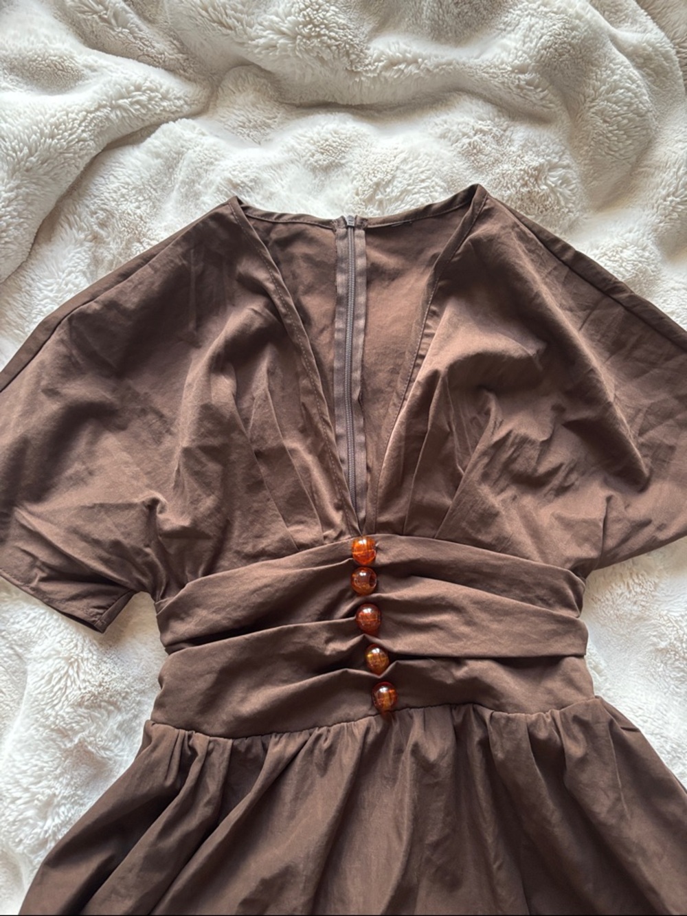 Brown V-Neck Dress with Amber Bead Detailing